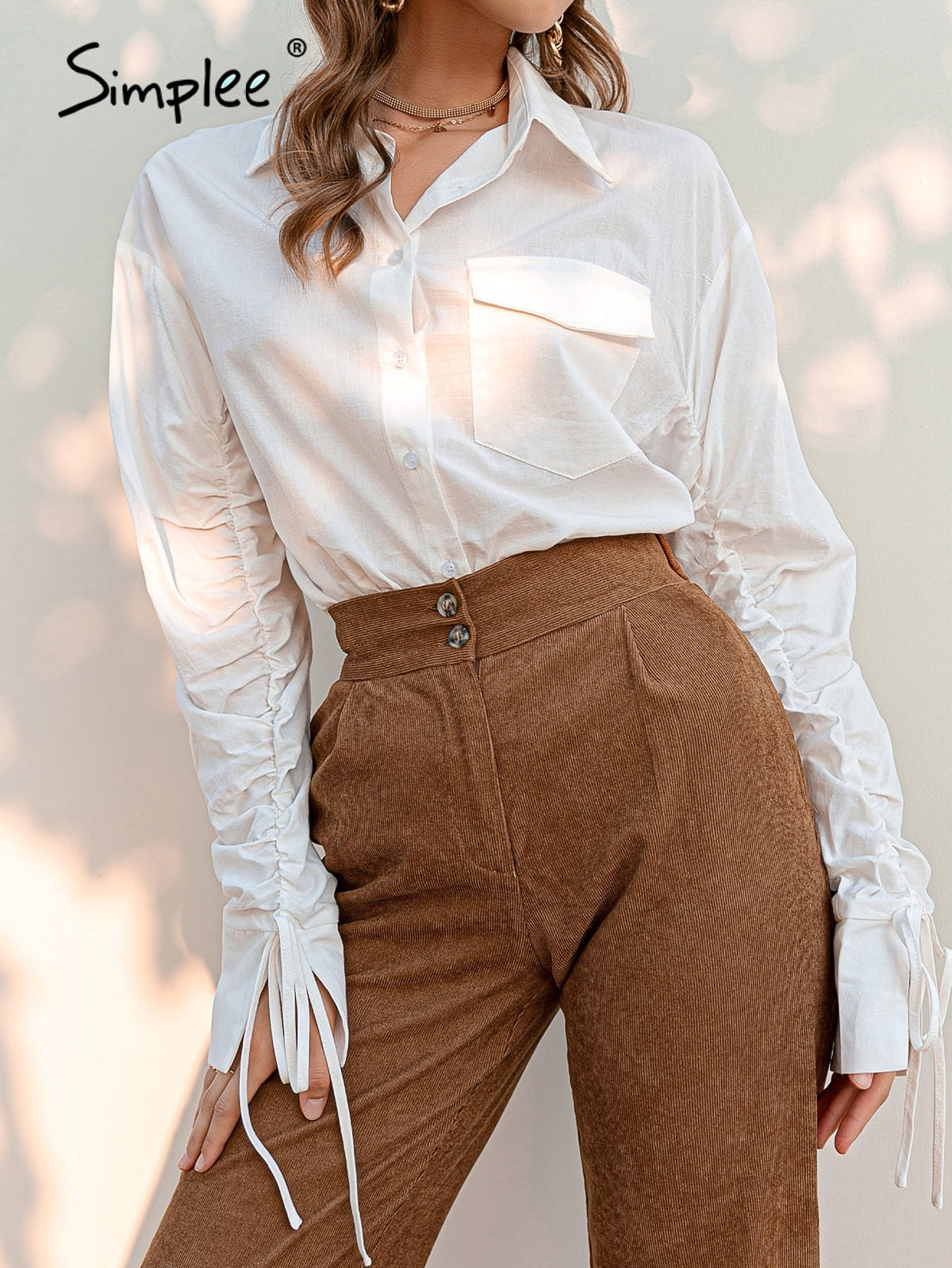 Simplee Cotton shirring pocket women shirt