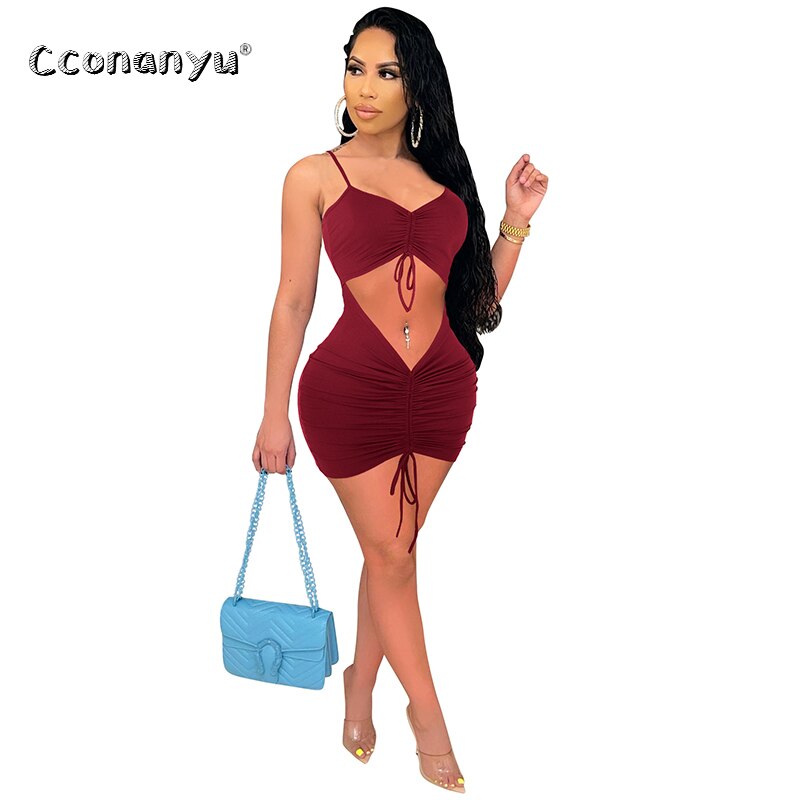 Women V Neck Drawstring Ruched Sleeveless Slip Dress Sexy Hollow Out Bodycon Bandage 2023 Summer Party Club Elegant Mini Dresses