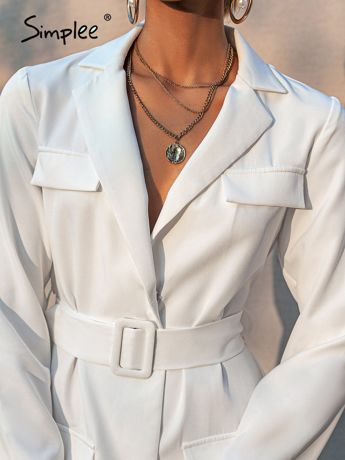 Simplee Office lady notched pocket belt women blazer Long sleeves v-neck white blazers coat Elegant autumn female solid outwear