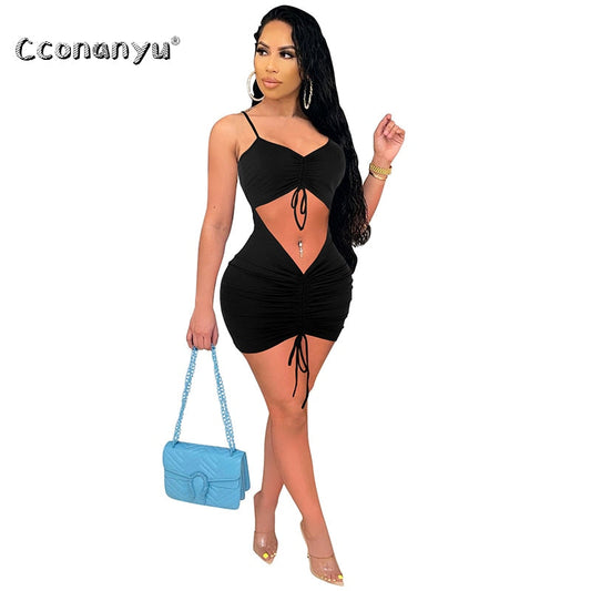 Women V Neck Drawstring Ruched Sleeveless Slip Dress Sexy Hollow Out Bodycon Bandage 2023 Summer Party Club Elegant Mini Dresses