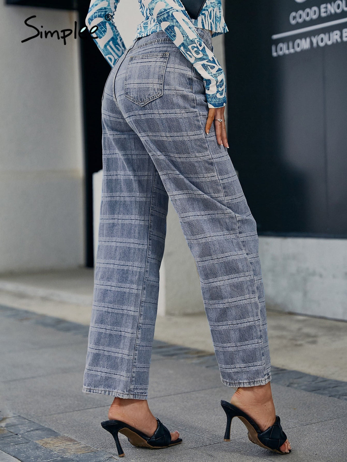 Simplee Cotton vintage plaid pocket women jeans