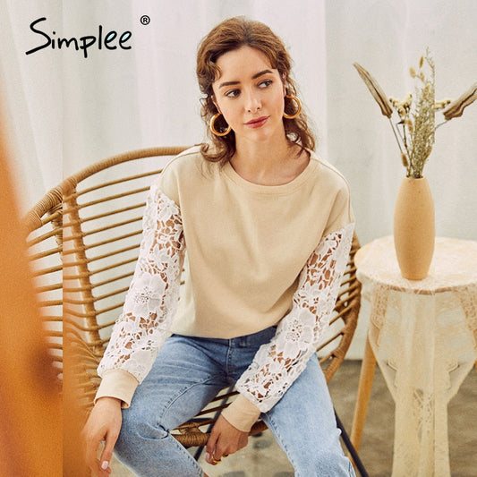 Simplee Casual round neck slim ladies blouse Solid knitted women work boluse Fashion flower pattern hollow long sleeve pullover