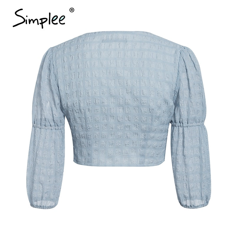 Simplee Vintage seersucker chiffon blue women blouses crop tops
