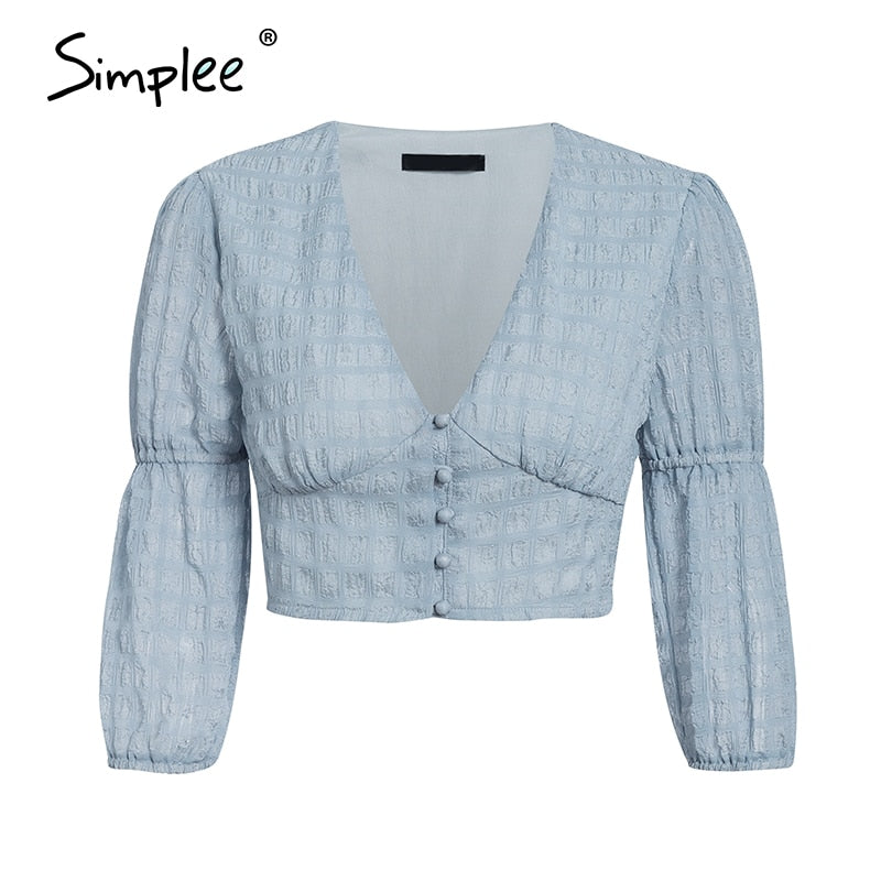 Simplee Vintage seersucker chiffon blue women blouses crop tops