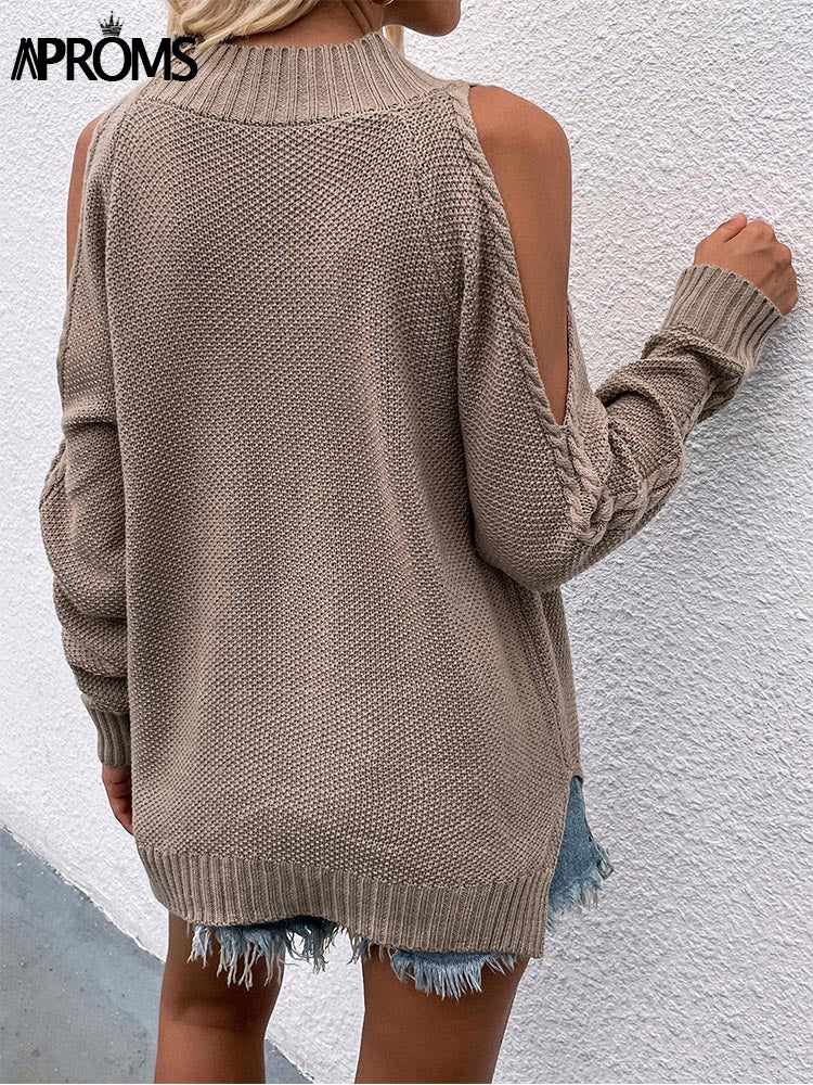Aproms Elegant Cold Shoulder Knitted Loose Sweaters Women