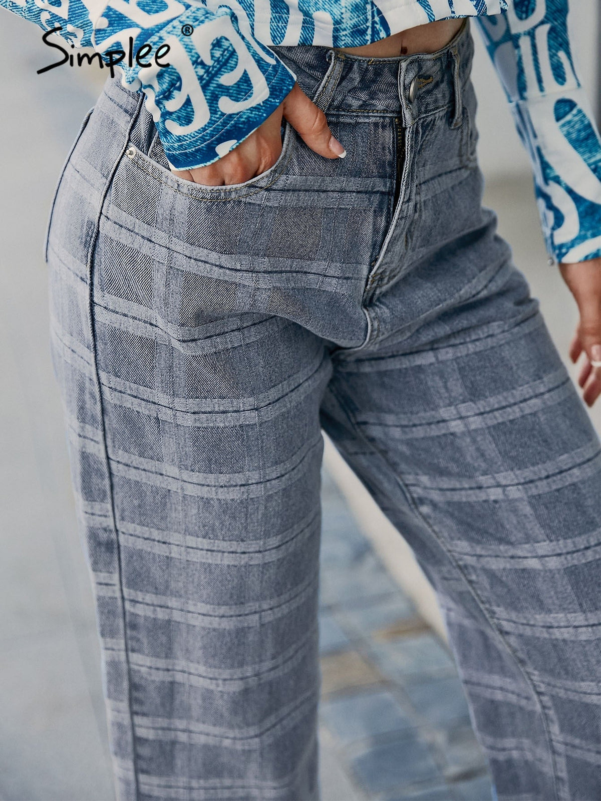 Simplee Cotton vintage plaid pocket women jeans