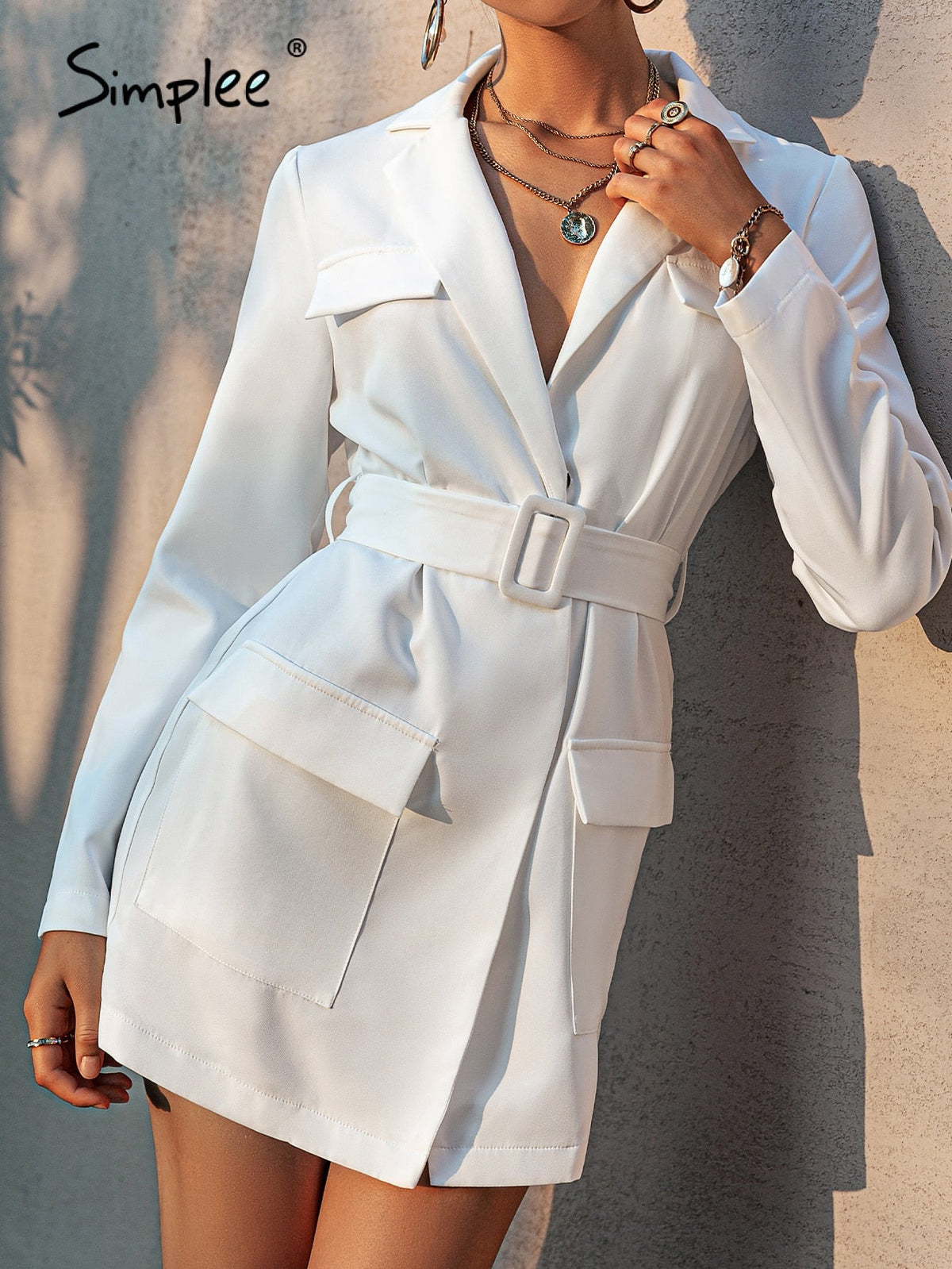 Simplee Office lady notched pocket belt women blazer Long sleeves v-neck white blazers coat Elegant autumn female solid outwear