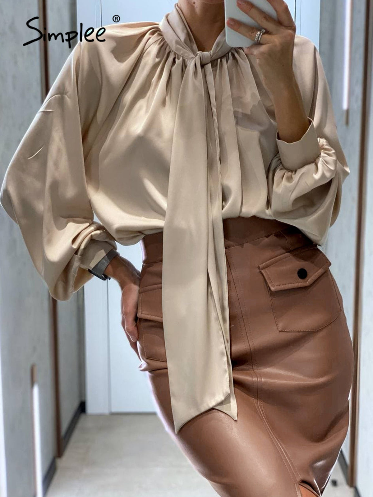 Simplee Elegant leather brown high waist pencil skirt