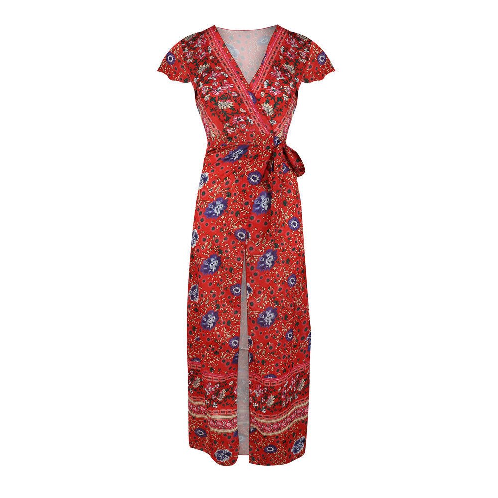 Vintage Robe Short Sleeve V neck Boho Split Dress