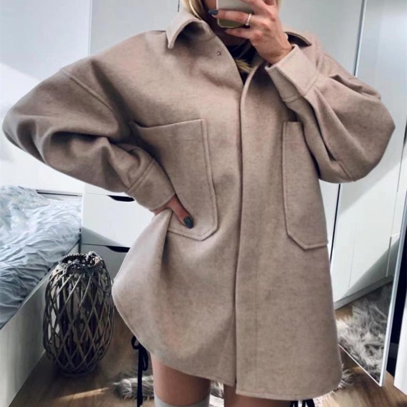 PUWD Casual Woman Camel Loose Pocket Woolen Shirt