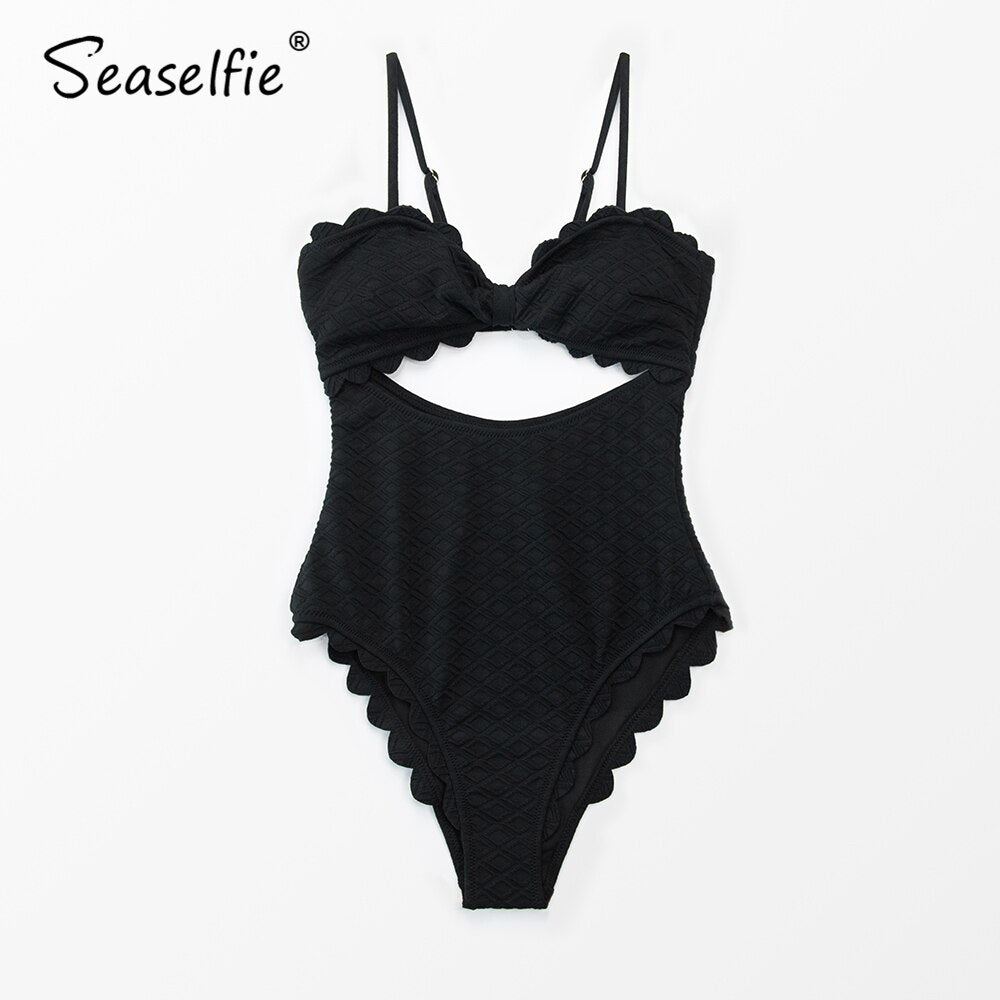 SEASELFIE Knotted Scalloped One-piece Swimsuit Women Sexy Solid Black Monokini Swimwear 2023 New Beach Bathing Suit Beachwear