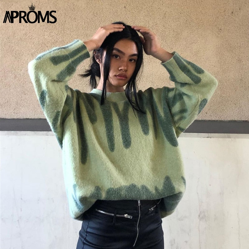 Aproms Elegant Green Striped Print Pullovers