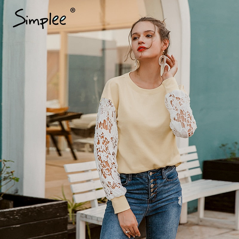 Simplee Casual round neck slim ladies blouse Solid knitted women work boluse Fashion flower pattern hollow long sleeve pullover