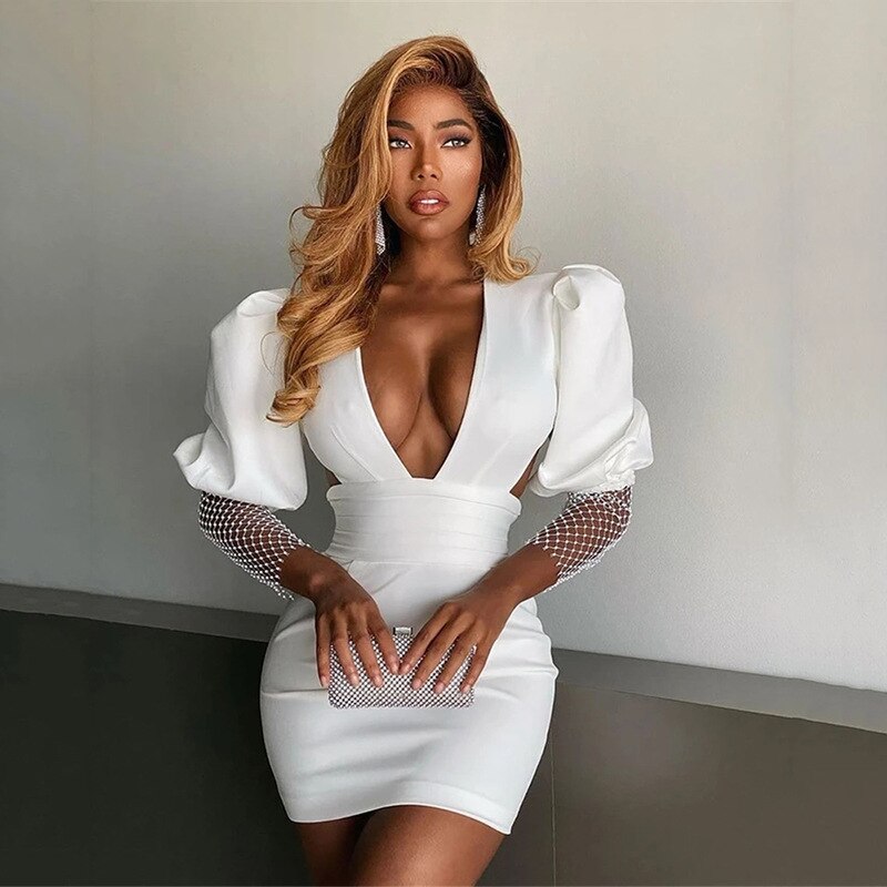 Adogirl Elegant Bodycon Mini Dress Women Deep V Neck Backless Diamonds Mesh Sleeve Sexy Club Evening Party Dresses Streetwear