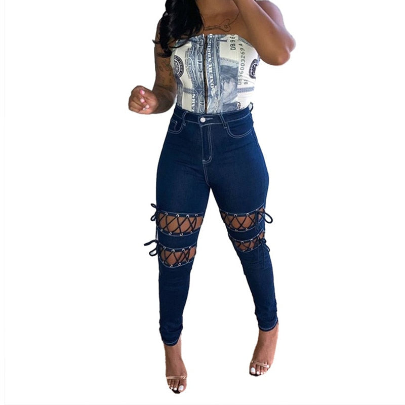 New Fashion Women Solid Lace-up Hollow Out Jeans 2021 Winter Lady's Streetwear High Waist Skinny Denim Pencil Pants