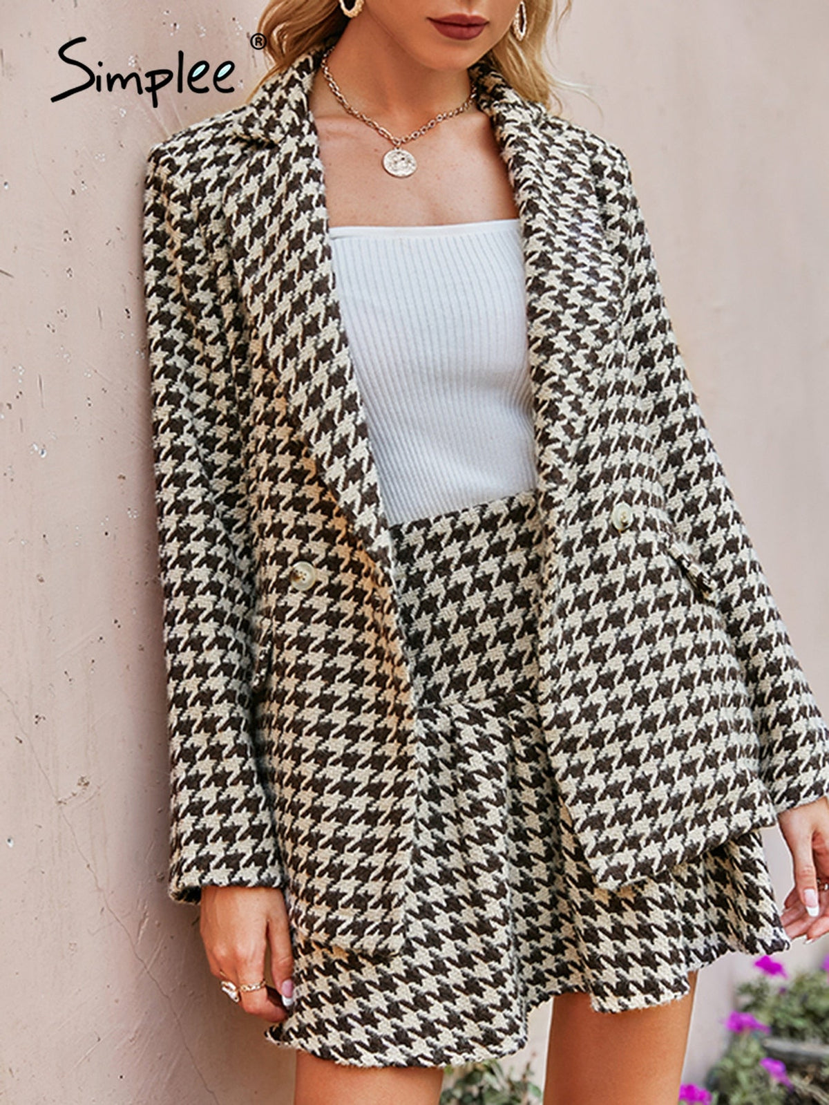 Simplee Office plaid shawl collar women blazer autumn Elegant houndstooth high waist pleated skirt Long sleeve pocket blazer