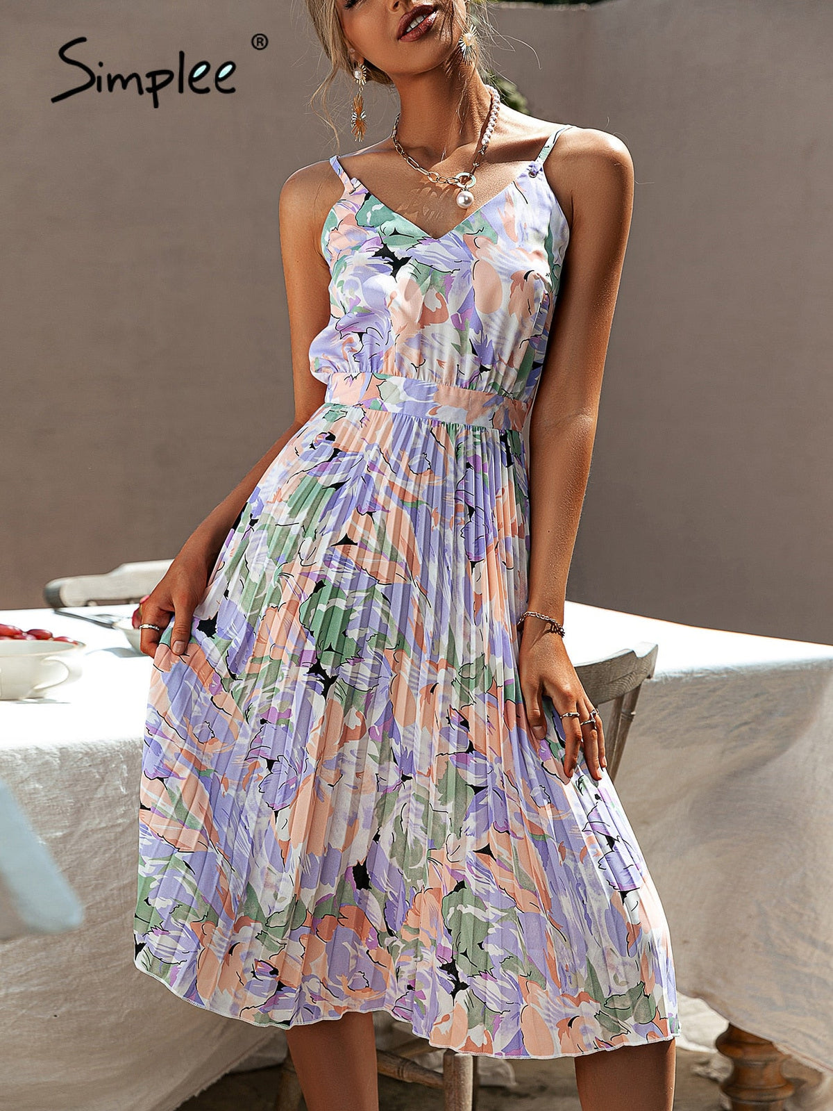 Simplee V-neck holiday pleated print summer dress