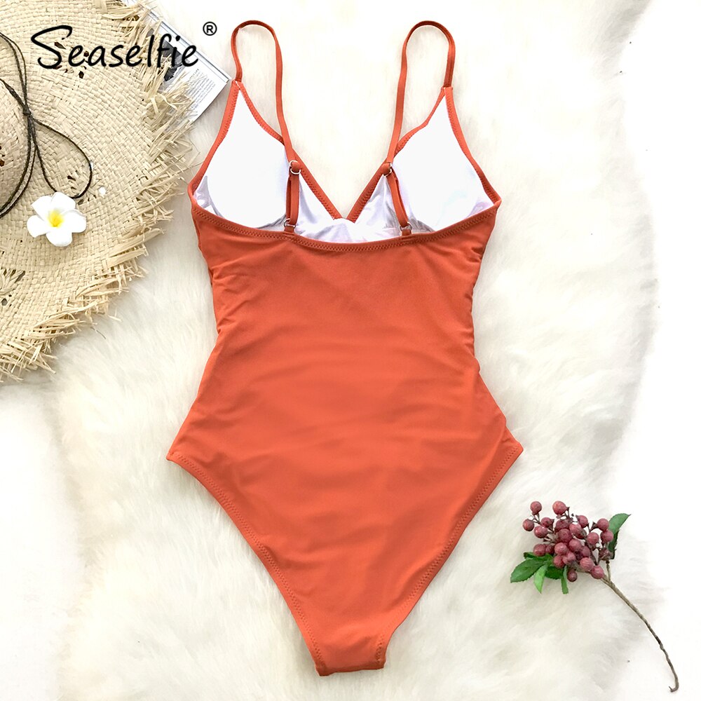 SEASELFIE Sexy Solid Orange Shirring V-neck One-Piece Swimsuit Women Monokini Beach Bathing Suit Swimwear