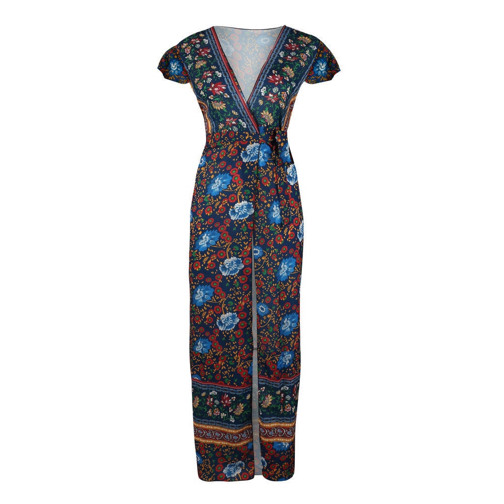 Vintage Robe Short Sleeve V neck Boho Split Dress