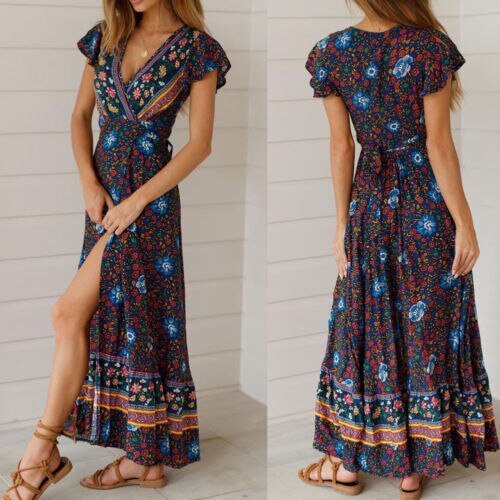 Vintage Robe Short Sleeve V neck Boho Split Dress