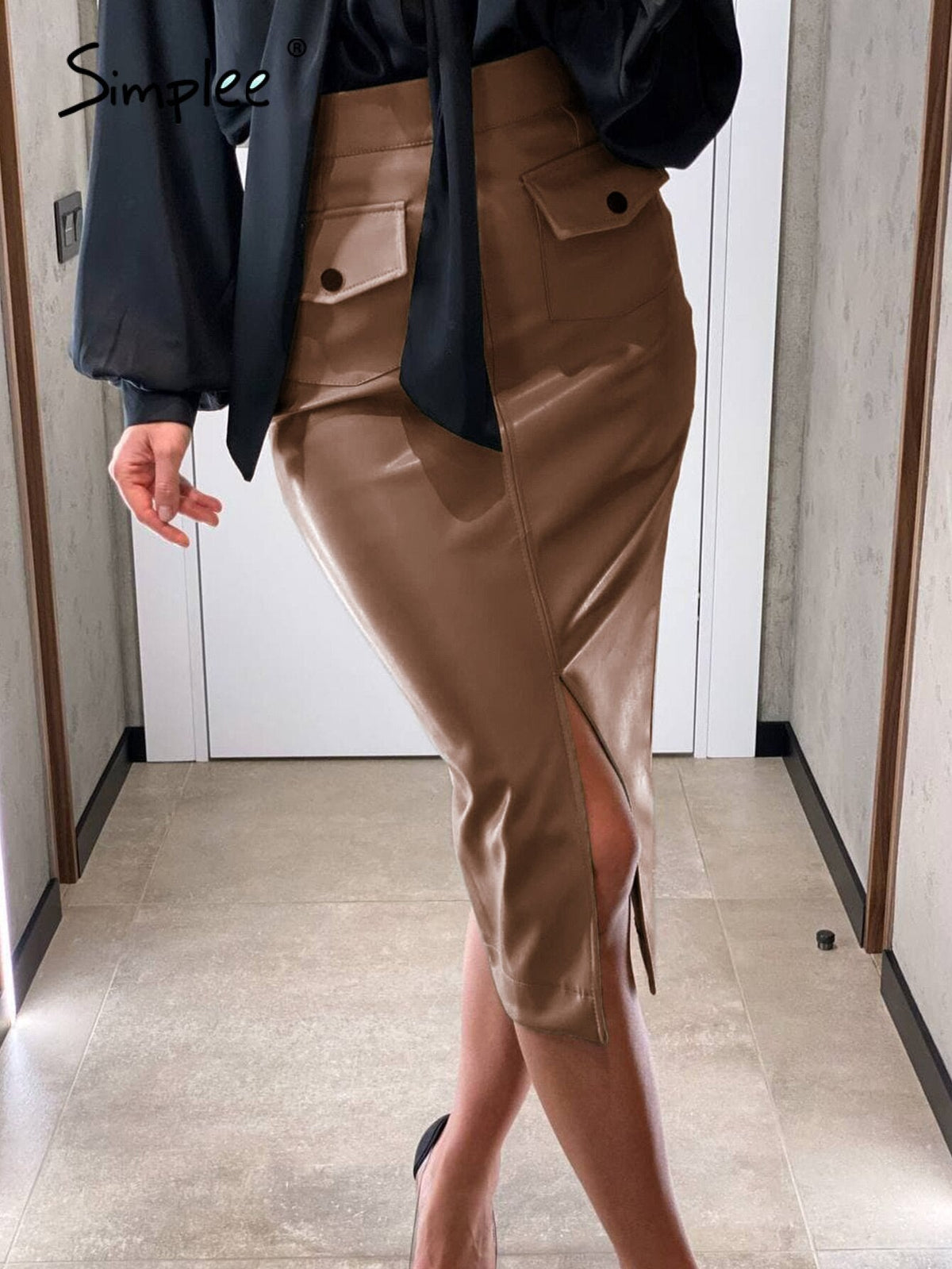 Simplee Elegant leather brown high waist pencil skirt