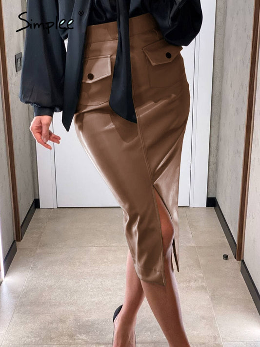 Simplee Elegant leather brown high waist pencil skirt
