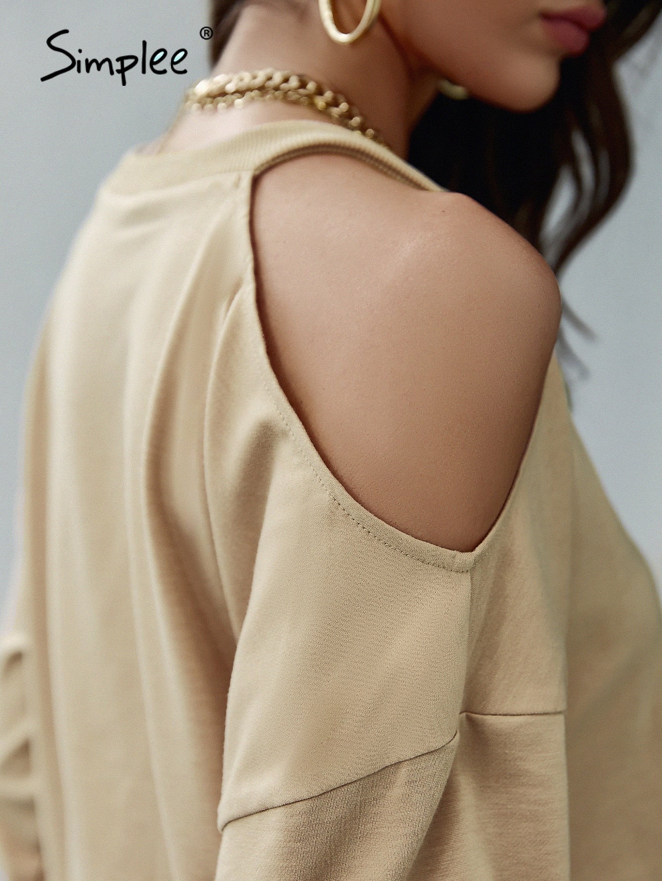 Simplee Office cold shoulder one piece hoodie sweatshirt women Casual o-neck soft short hoodies autumn Loose cut out ladies tops