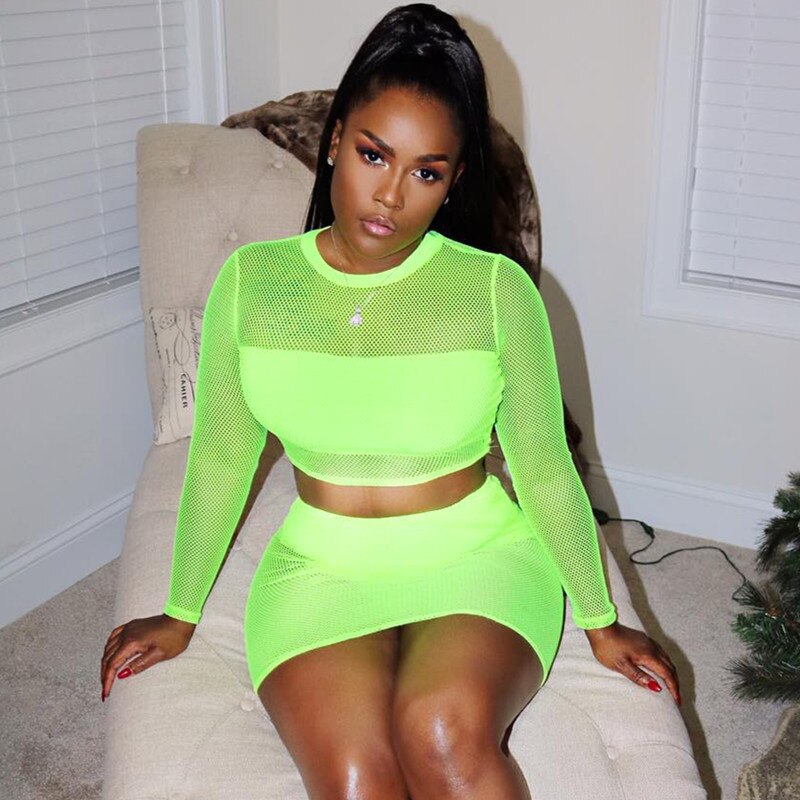 Fashion Neon Green Women Sets Long Sleeve See-through Crop Tops With Mini Skirt Bodycon 2 Two Pieces Sexy Club Outfits