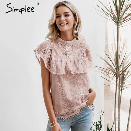 Simplee O neck lace hollow out women blouse shirt Embroidery ruffle lining elegant blouses female Summer party blouses and tops