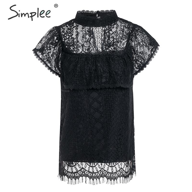 Simplee O neck lace hollow out women blouse shirt Embroidery ruffle lining elegant blouses female Summer party blouses and tops