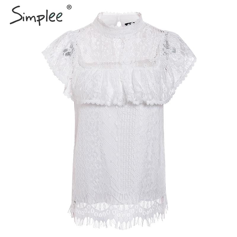 Simplee O neck lace hollow out women blouse shirt Embroidery ruffle lining elegant blouses female Summer party blouses and tops