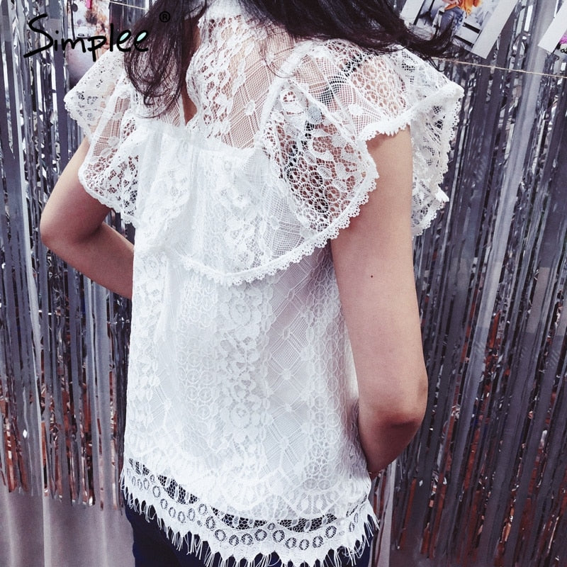 Simplee O neck lace hollow out women blouse shirt Embroidery ruffle lining elegant blouses female Summer party blouses and tops