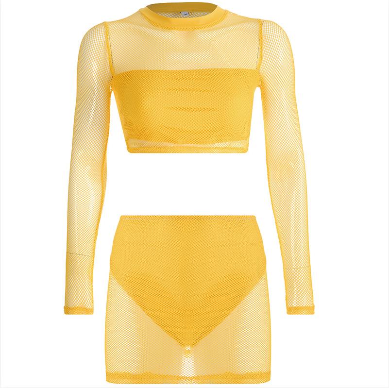 Fashion Neon Green Women Sets Long Sleeve See-through Crop Tops With Mini Skirt Bodycon 2 Two Pieces Sexy Club Outfits