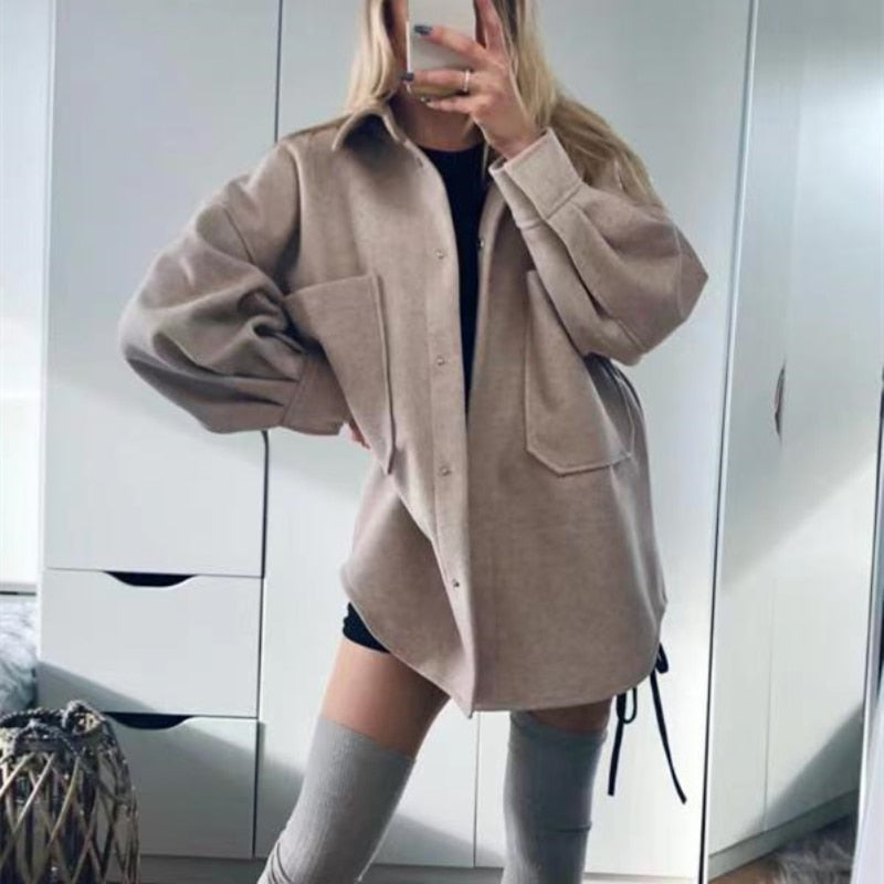 PUWD Casual Woman Camel Loose Pocket Woolen Shirt
