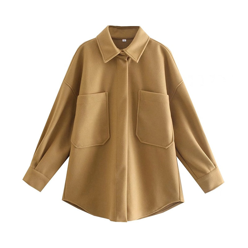 PUWD Casual Woman Camel Loose Pocket Woolen Shirt