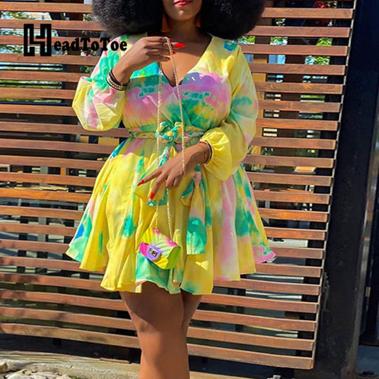 Tie Dye Print Colorblock Belted Casual Fit Flare Dress