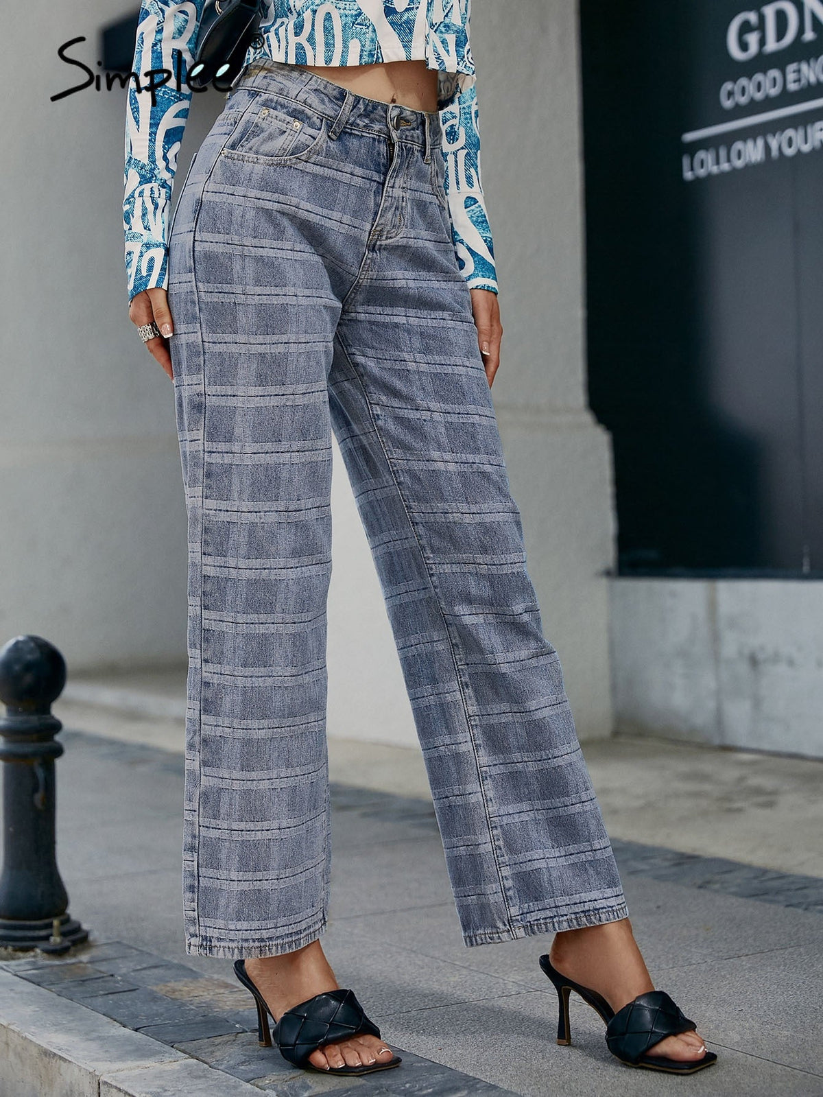 Simplee Cotton vintage plaid pocket women jeans