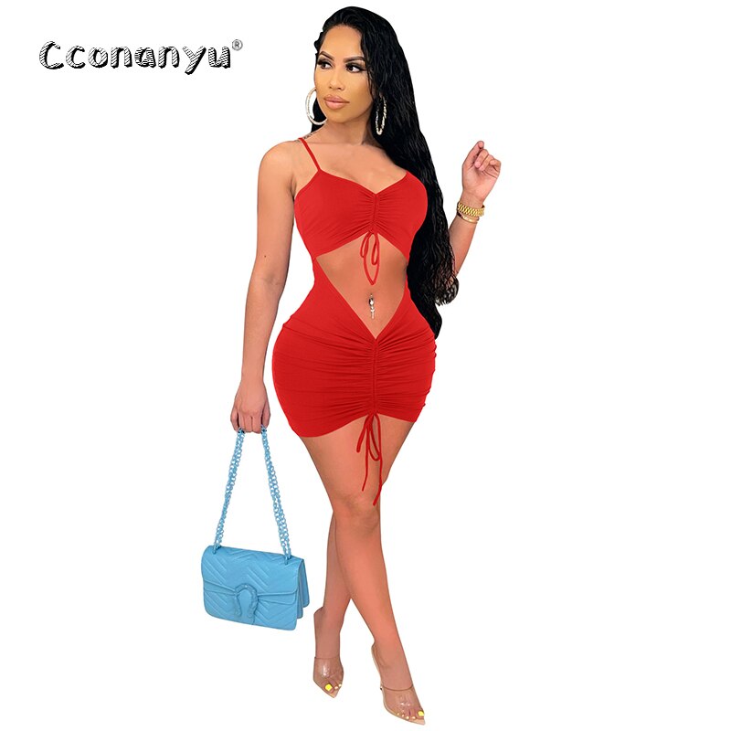 Women V Neck Drawstring Ruched Sleeveless Slip Dress Sexy Hollow Out Bodycon Bandage 2023 Summer Party Club Elegant Mini Dresses
