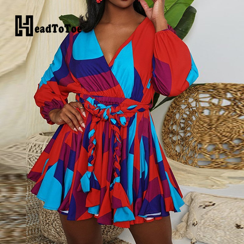 Tie Dye Print Colorblock Belted Casual Fit Flare Dress
