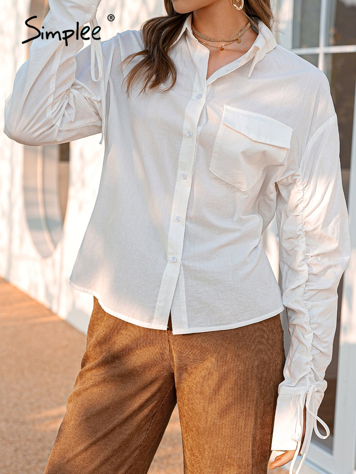 Simplee Cotton shirring pocket women shirt