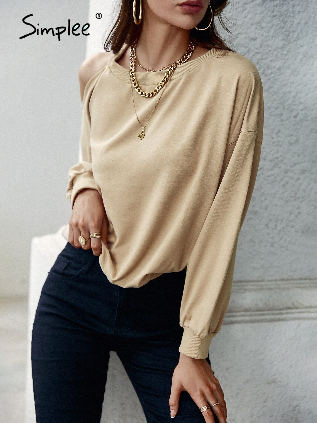 Simplee Office cold shoulder one piece hoodie sweatshirt women Casual o-neck soft short hoodies autumn Loose cut out ladies tops
