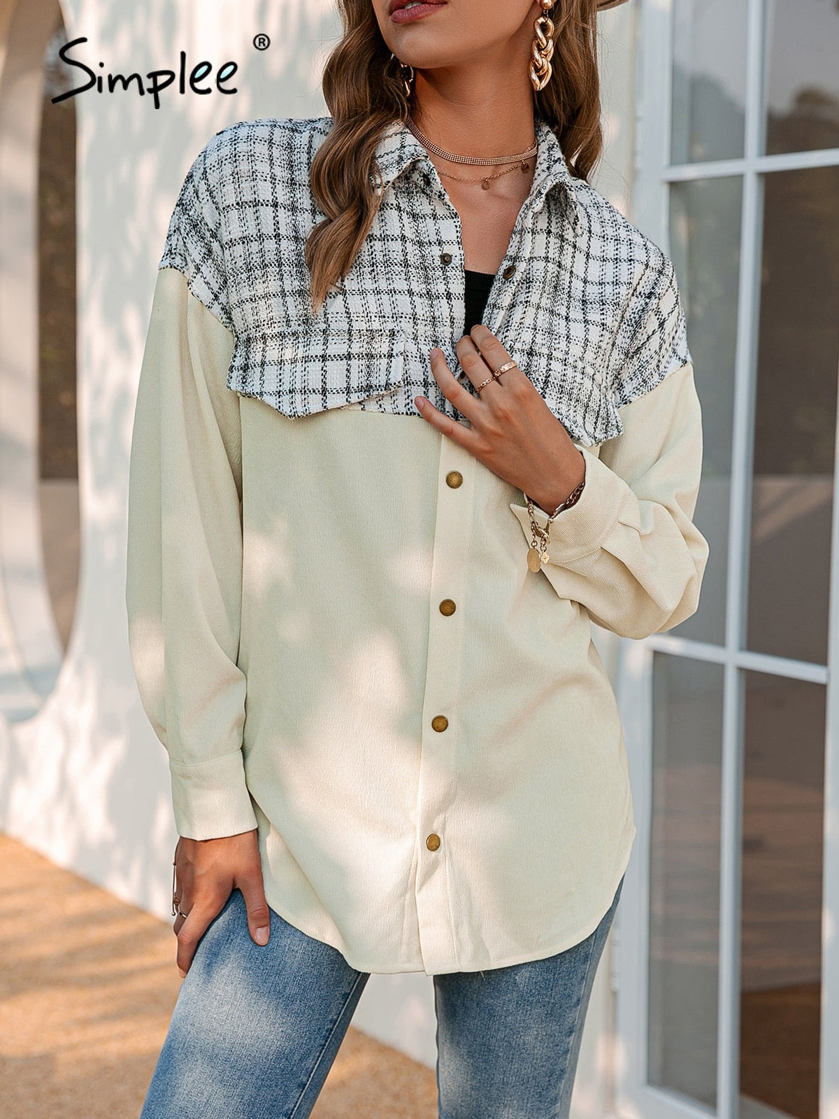 Simplee Office lady long sleeves plaid buttons pocket shirt coat women Patchwork loose causal coats Autumn female lapel outwear