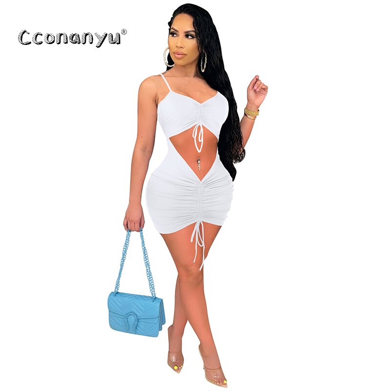 Women V Neck Drawstring Ruched Sleeveless Slip Dress Sexy Hollow Out Bodycon Bandage 2023 Summer Party Club Elegant Mini Dresses