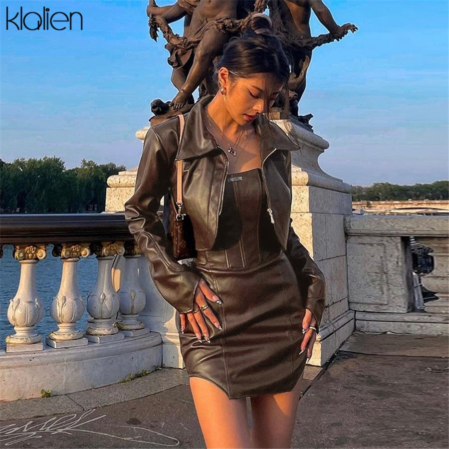 KLALIEN Fashion Casual Turn-down Collar Zipper Slim PU Leather Coat For Women Streetwear Short Jacket Solid Black Y2K Clubwear