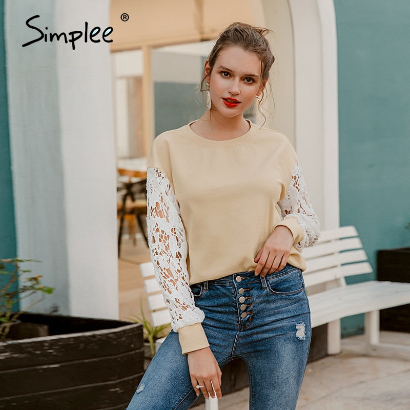 Simplee Casual round neck slim ladies blouse Solid knitted women work boluse Fashion flower pattern hollow long sleeve pullover