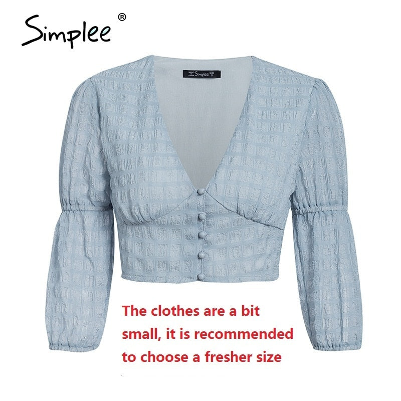 Simplee Vintage seersucker chiffon blue women blouses crop tops