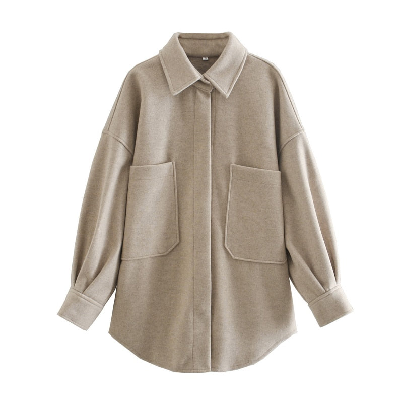 PUWD Casual Woman Camel Loose Pocket Woolen Shirt