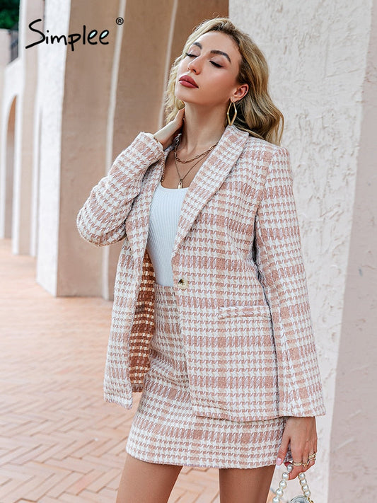 Simplee Vintage houndstooth v-neck women blazer