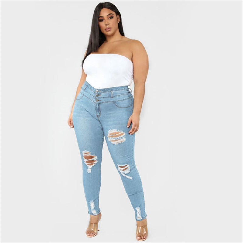 Women's Plus size jeans Black and blue high waist ripped jeans Fashion casual skinny denim pencil pants L-5XL drop shipping
