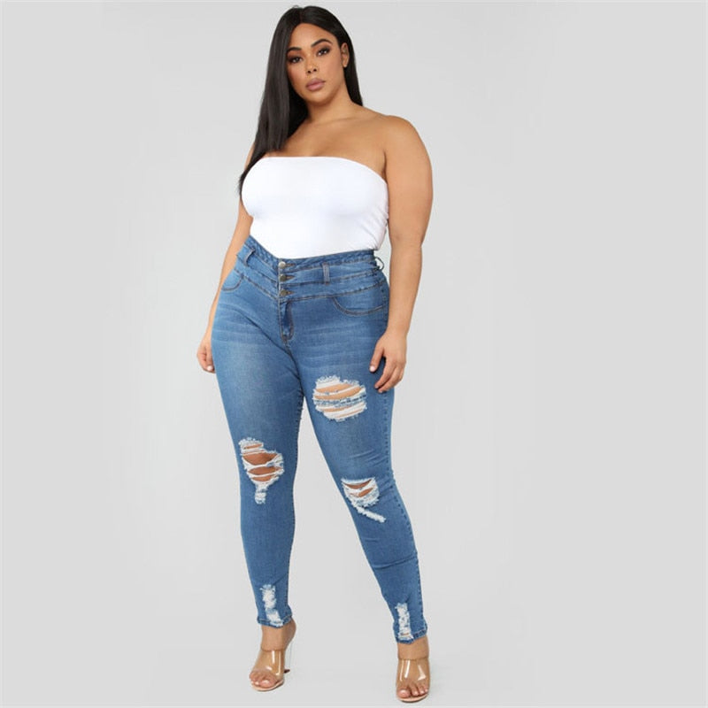 Women's Plus size jeans Black and blue high waist ripped jeans Fashion casual skinny denim pencil pants L-5XL drop shipping